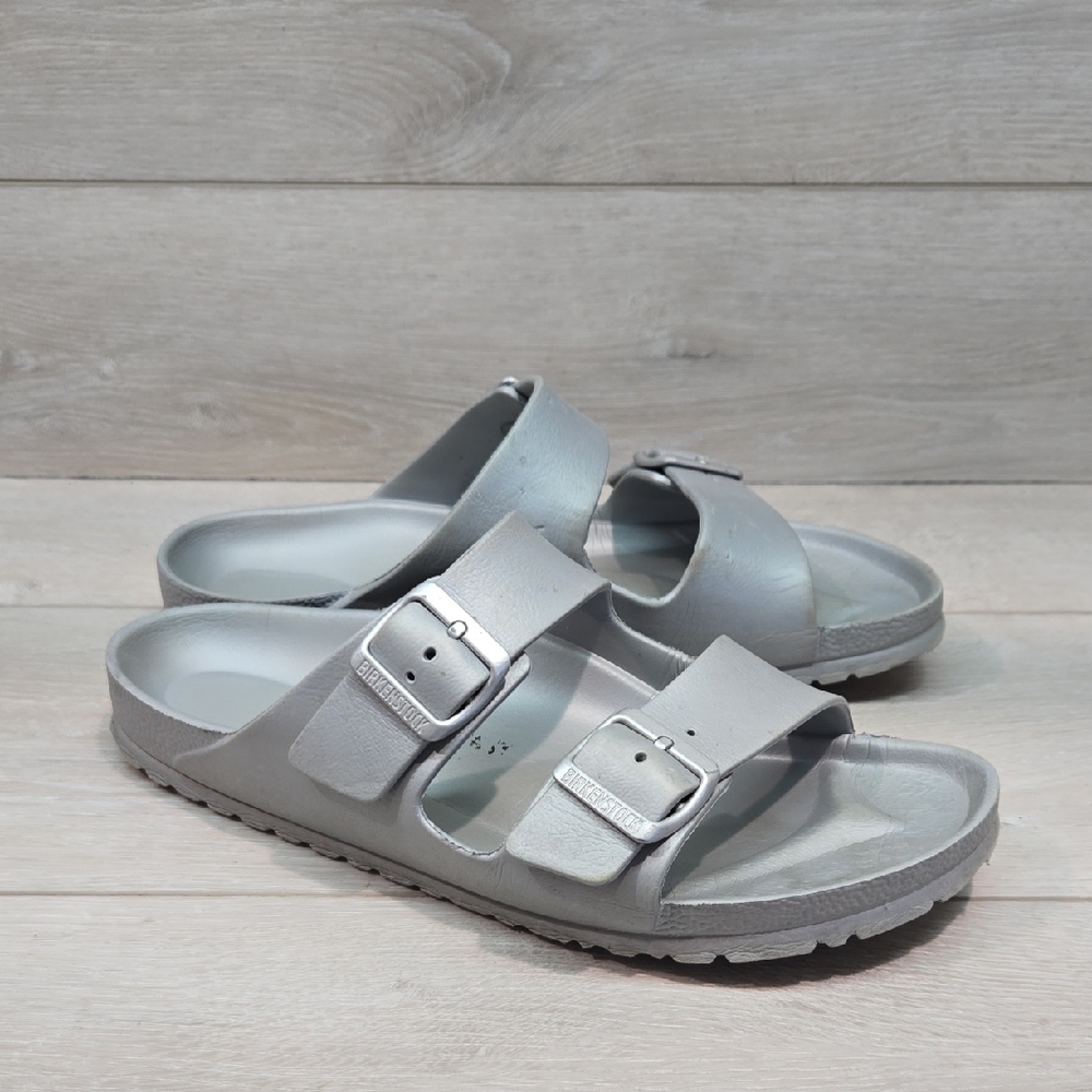 Birkenstock Two-Strap Slide Sandals in Light Gray